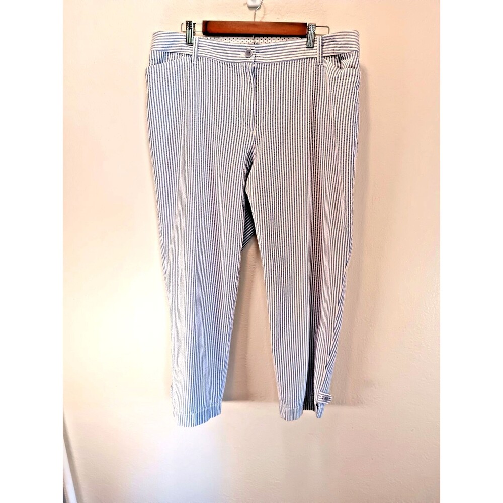 Talbots Perfect Crop Pants Womens 16W Blue White Seersucker Striped Cotton Plus